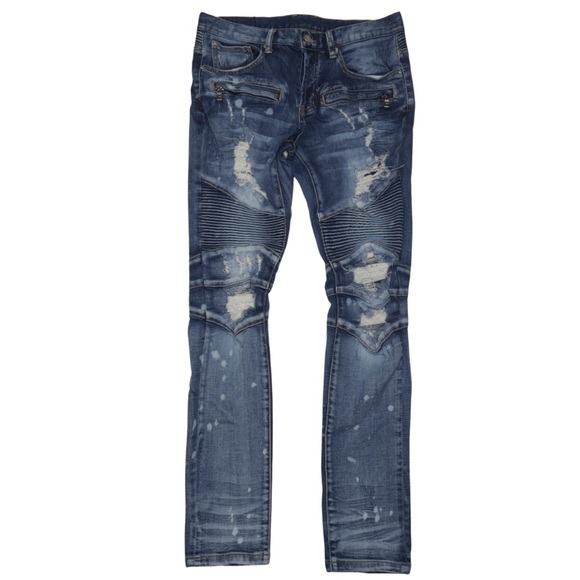 Dope Jeans Acid Wash Denim Men’s size 30 Blue Distressed Button Fly Thick Stitch - Picture 1 of 12